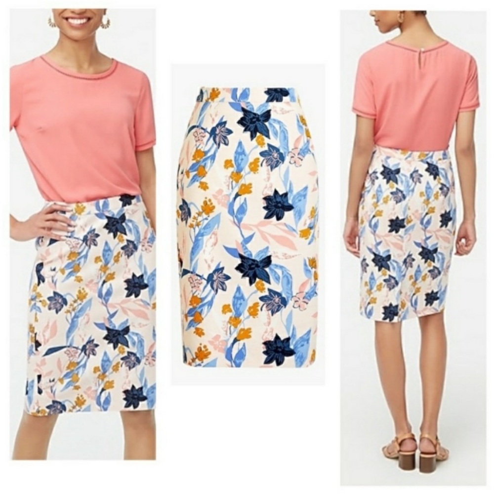 J Crew Pink/Blue/Mustard Pattern Pencil Skirt, Size 16 Work Office